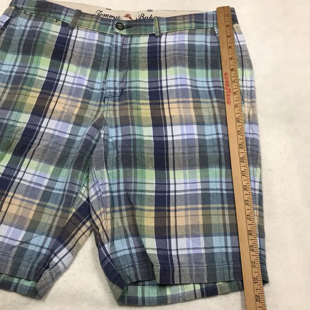 TOMMY BAHAMA Linen Blend Shorts Men 35-36 Turquoise Green Blue Plaid Beach